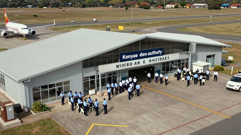 An aerial-style photography shot of the Kenya Airports Authority infrastructure at Wilson Airport, showcasing the professional environment where students receive training.