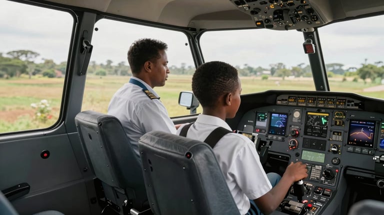 A dynamic shot of a student sitting in a modern cockpit during a facilitated flight experience in Nairobi, East Africa, with a professional pilot instructor nearby. Sharp focus on the controls.