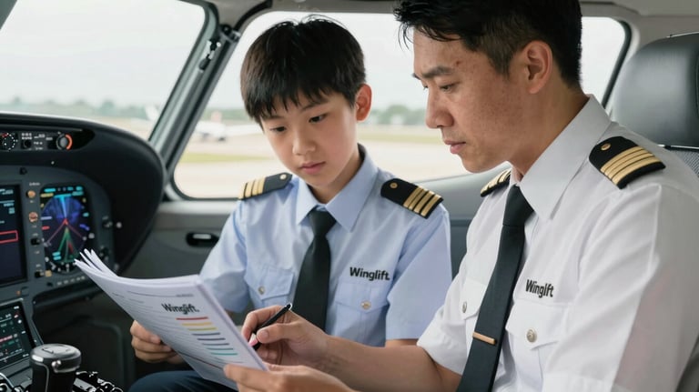 A close-up of a pilot and a student reviewing a flight manual together in an office overlooking Wilson Airport, emphasizing the mentorship aspect of Winglift.