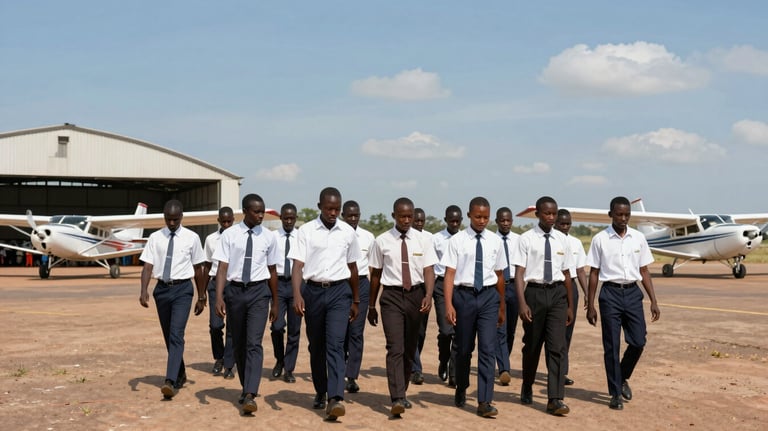 A wide shot of a group of Kenyan students in white shirts and dark trousers walking together across an airfield towards a hangar, with small planes in the background under a sky blue sky.