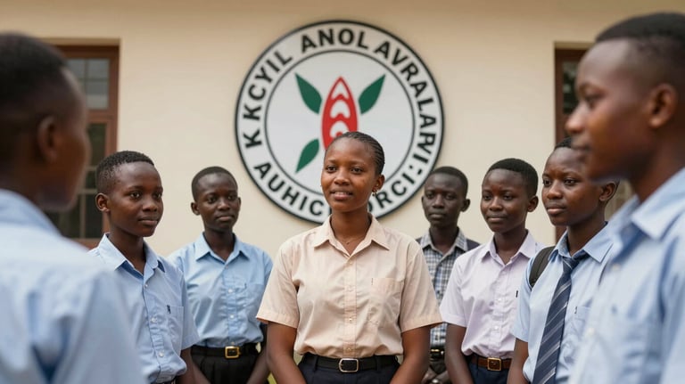 A professional photograph of a group of students in Nairobi standing in front of the Kenya Civil Aviation Authority logo, looking inspired and engaged during an official field visit.