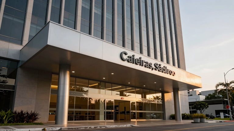 Exterior view of a modern professional building entrance in Caieiras, São Paulo, during late afternoon with golden hour lighting, Brazilian architecture.