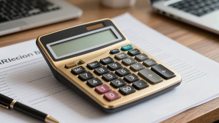 A professional desk setup featuring a digital calculator and business documents, with golden accents, sharp focus, sophisticated office environment.