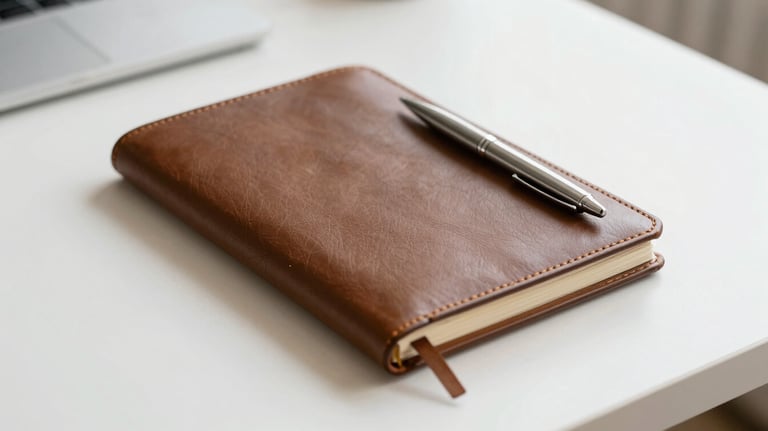 A clean, bright desk showing a leather-bound business notebook and a silver pen, minimalist and professional South American style.