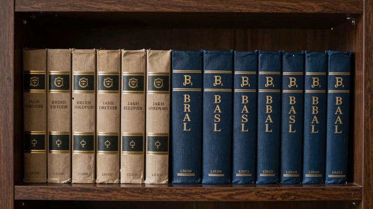 An organized office shelf with professional law and accounting books in a dark library, high-end Brazilian corporate aesthetic.