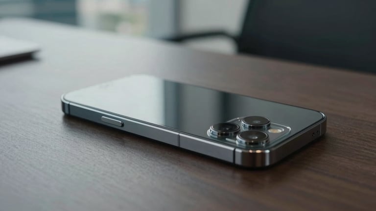Close-up of a modern high-end smartphone on a dark desk reflecting a corporate interior, Brazilian setting, sophisticated lighting.