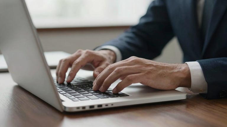 Detailed shot of hands working on a laptop in a premium office setting, white and dark contrast, professional Brazilian corporate style.