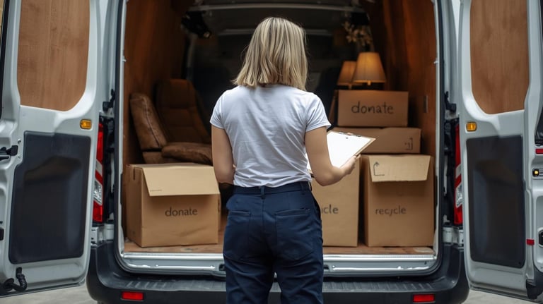 a woman holding a clipboards checking the contents of a house clearance van