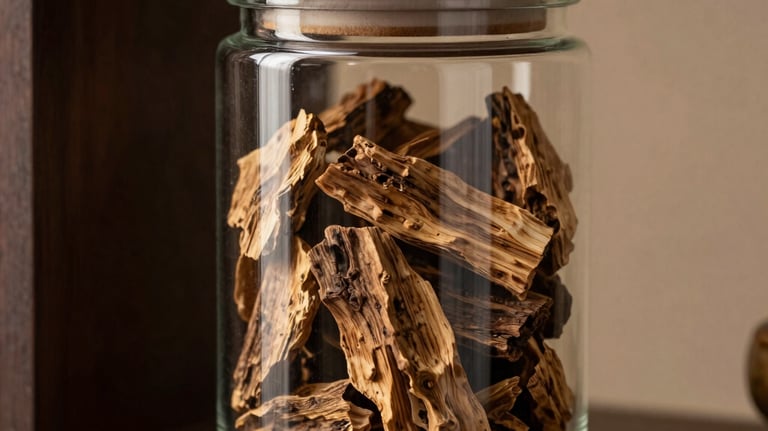 A beautiful luxury presentation of raw agarwood chips displayed inside a clear glass jar with a dark wooden lid, sitting on a dark brown shelf. Delicate warm lighting casting golden highlights on the glass.