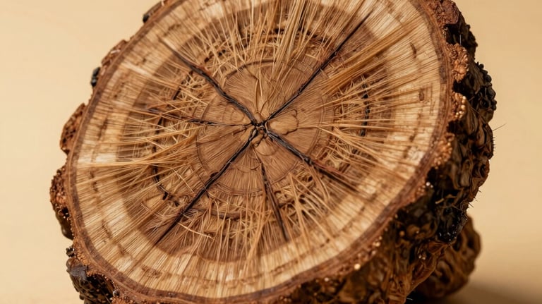 Macro photography showcasing the intricate, raw fibers and dark resinous veins of a single Merauke Oud wood slice. Soft, warm golden studio lighting with deep shadows to highlight authentic organic details.