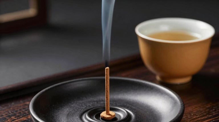 An elegant burning incense plate made of black ceramic, with a single stick of pure Oud wood emitting thin, gentle white smoke. Beside it sits a small, warm-toned ceramic teacup on a dark wood tray, reflecting Indonesia / Southeast Asian luxury lifestyle.