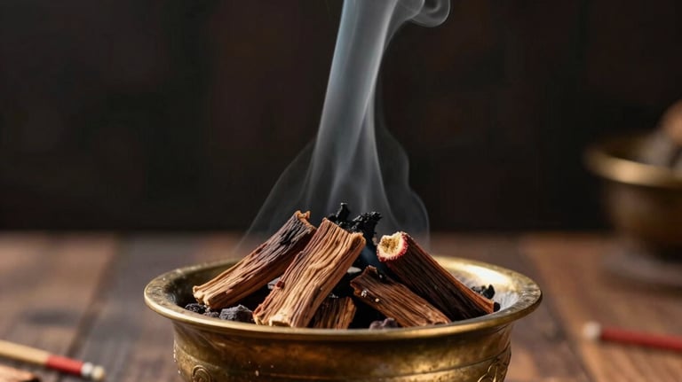 A burning incense ritual scene showing premium dry Oud Sanai chips slowly smoldering inside an antique bronze burner. Delicate, thin lines of smoke rise up. The background is a dark, moody wooden texture under soft golden lighting, conveying Southeast Asian heritage.