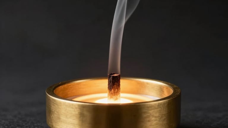 A modern minimalist brass and wood incense burner glowing under cozy, warm golden light. A thin, graceful plume of white smoke rises from a premium Oud chip. Clean, elegant, dark premium setting.