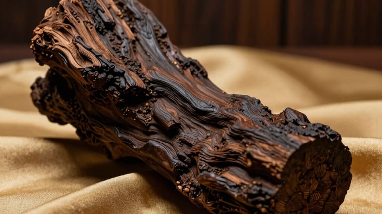 A close-up studio photograph of a highly resinous, dark-colored Merauke Oud wood block resting elegantly on a soft gold silk fabric. Dramatic low-key lighting highlighting the rich, organic texture. Premium, dark wood brown backdrop.