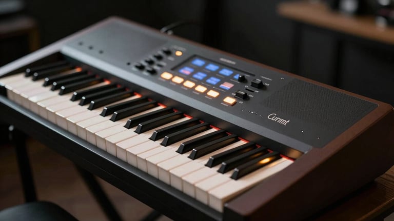 A sleek modern synthesizer keyboard with glowing amber lights in a dark room, capturing the sophisticated technology of sound design.