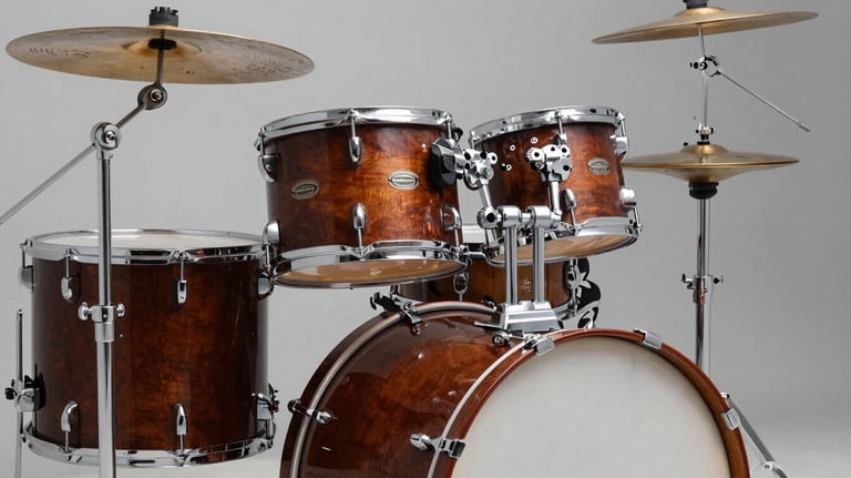 A professional drum kit in a studio, featuring polished chrome hardware and deep chestnut wood shells, captured with soft lighting.