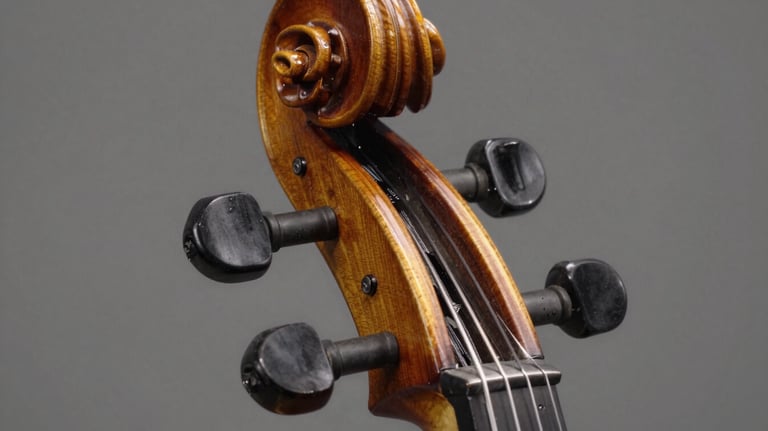A high-detail close-up of a violin headstock and pegs, showing the exquisite dark walnut wood craftsmanship and elegant scrollwork.