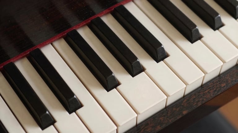 A top-down view of ivory cream piano keys meeting the dark ebony wood frame, focusing on the texture and elegant design.