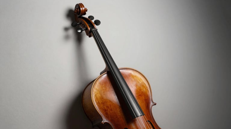A studio photography shot of a professional cello leaning against a wall, showing its beautiful deep chestnut finish and elegant curves.