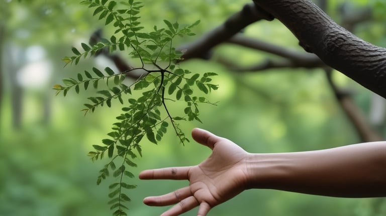 Graphic showing a path leading upward surrounded by leaves and natural elements