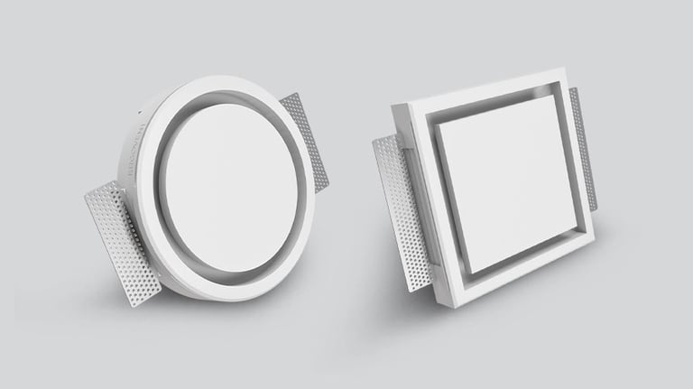 ERGOVENT RONDO round and KVADRO square frameless gypsum diffusers product view showing mounting clips