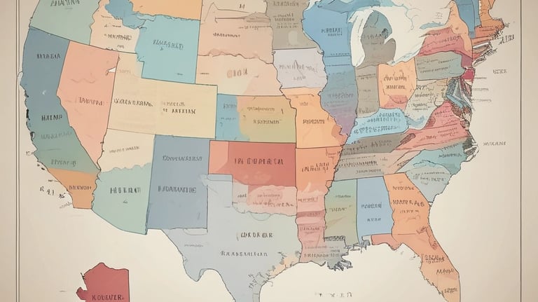 A map of the United States highlighting multiple states with tax notes