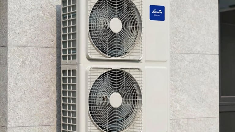 Outdoor unit of a high-end white air-to-water heat pump installed against a light grey stone wall of a modern villa. Professional photography, clean installation.