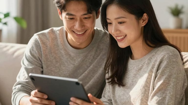 A couple in their warm, modern living room, smiling and looking at a tablet together, enjoying a comfortable home environment. Soft sunlight.