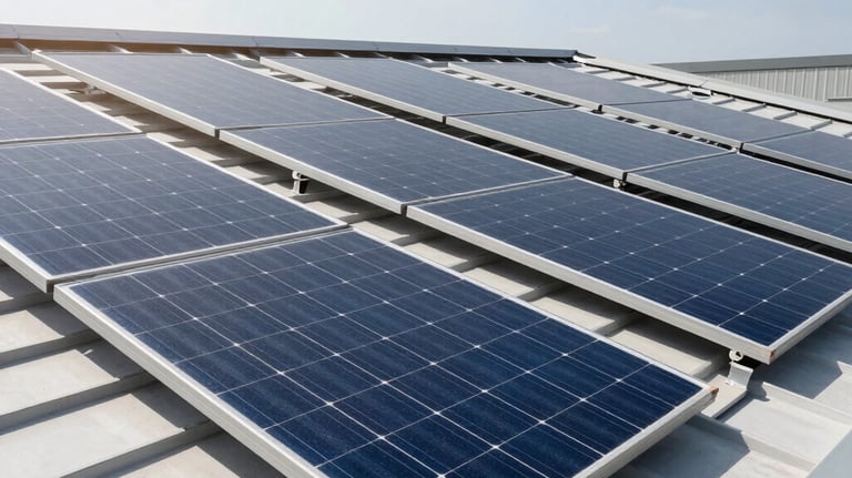 Sleek solar panels neatly installed on a clean slate roof under a bright sun. High-quality photography, Central European architecture.