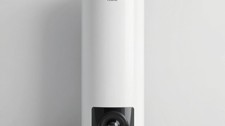 A modern thermodynamic water heater in a minimalist, bright utility room. Clean white walls and professional lighting, high-end equipment.
