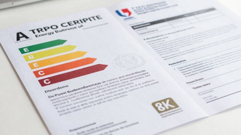 Close-up of a professional energy efficiency certificate and official French renovation documents on a clean white desk. Natural soft lighting, professional setting.