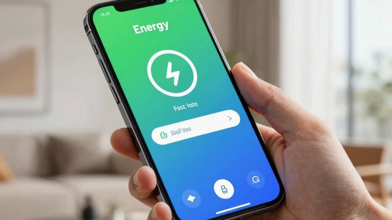 Close-up of a hand holding a modern smartphone showing an energy saving application with green and blue interface. Blurred modern home interior in the background.