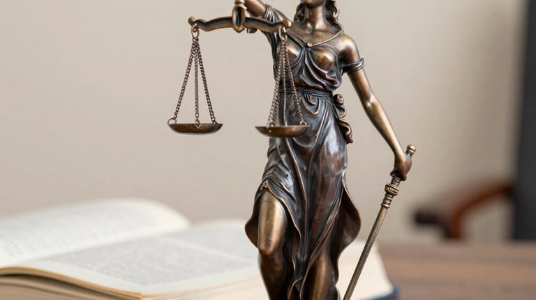 Elegant law books and a golden scale of justice on a dark wooden desk