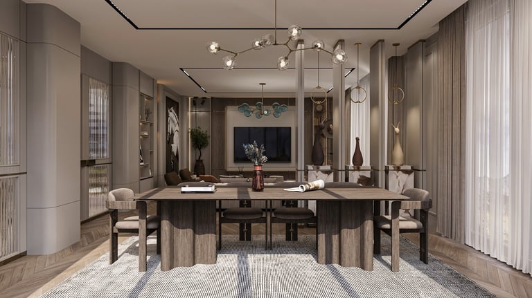 Antalya Villa E modern salon ve yemek alanı iç mimari tasarımı
