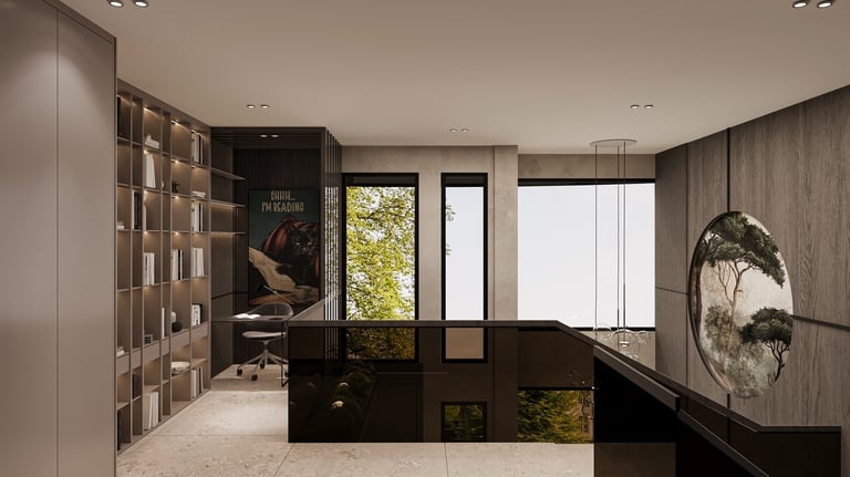Villa T Antalya üst kat galeri boşluğu ve çalışma alanı-La Féra Interior Design