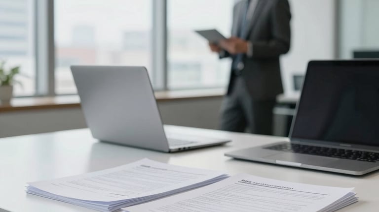 A bright, airy editorial office in Southeast Asia. A clean white table with organized papers and a laptop. A blurred professional in the background looking at a large window. Focused atmosphere.