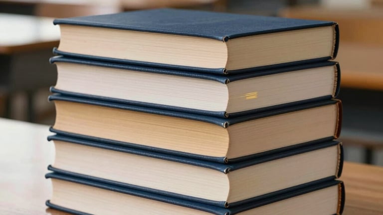 A minimalist close-up of a stack of academic books with high-quality binding. The covers are navy blue and gold. Placed on a polished wooden desk in a bright, modern Southeast Asian university setting.