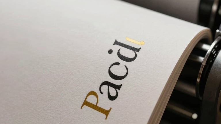 A close-up of a printing press detail or high-quality paper textures. The focus is on the crisp edges of a newly printed book spine with elegant typography in black and gold.