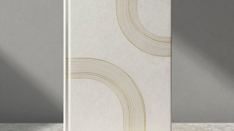A minimalist book cover sitting on a simple stone plinth. The cover design is abstract and elegant, featuring subtle gold foil lines. Background is a soft grey wall with architectural shadows.
