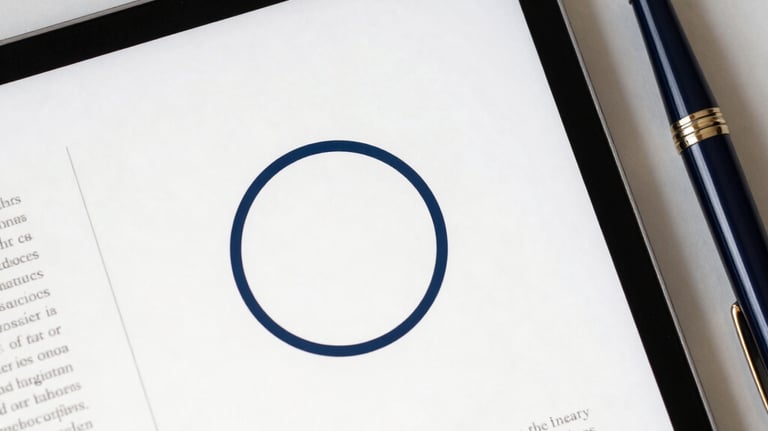 A top-down view of a digital tablet displaying a clean, academic journal layout with a circular minimalist logo. Beside it is a high-end fountain pen. Minimalist aesthetic with navy and gold accents.