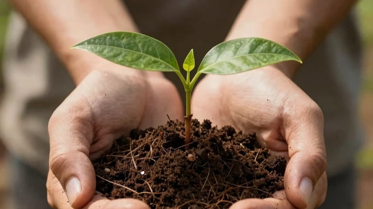 Hands holding a pristine native Brazilian seedling in fertile dark soil, warm natural light, symbolizing sustainable impact investments.