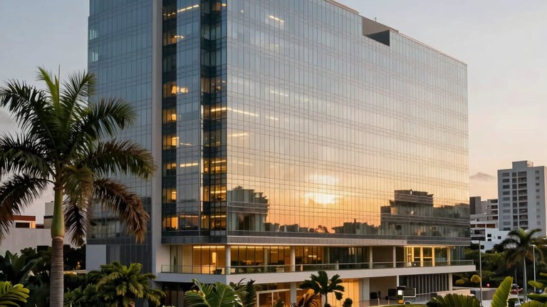 A modern glass architecture office in Brazil overlooking lush tropical foliage, warm soft lighting, elite corporate environment.