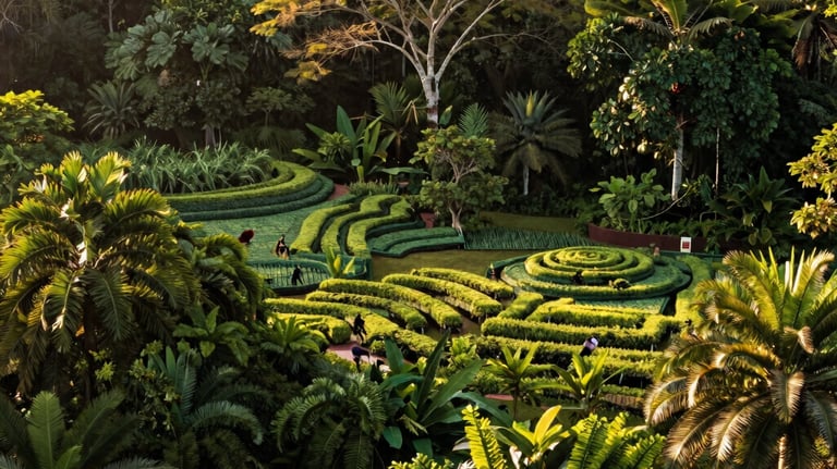 An elegant photograph of sustainable agroforestry operations in the Brazilian Amazon, rich green vegetation with golden natural light, professional boutique style.