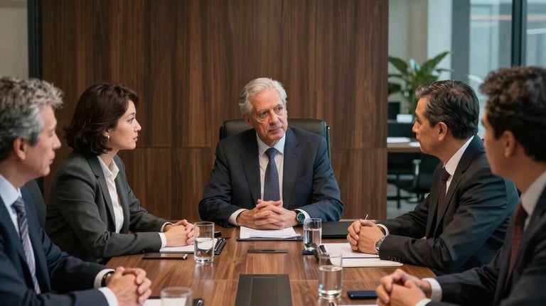 A high-end modern corporate board meeting in South America with executives discussing sustainable investment strategies, sleek dark wood and glass background.