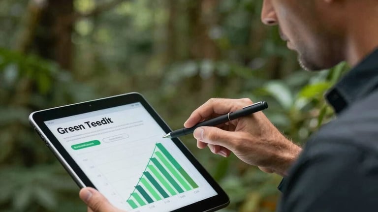 A professional South American consultant analyzing green tech and carbon credit metrics on a sleek digital tablet in Brazil, forest backdrop.