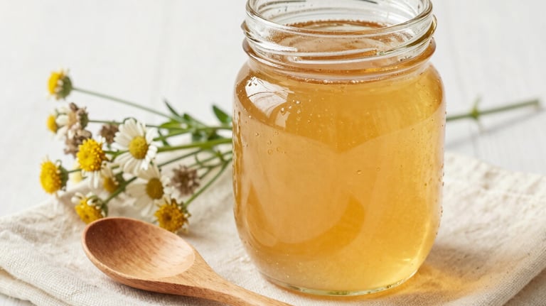 A 250ml glass jar of golden honey sitting on a cream cloth next to a small bunch of wildflowers and a wooden spoon. Natural, artisanal lighting.