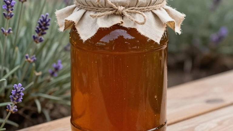 A large 500ml glass jar filled with rich honey, topped with a rustic fabric cover and twine, sitting on a wooden bench with soft wildflower lavender in the background.