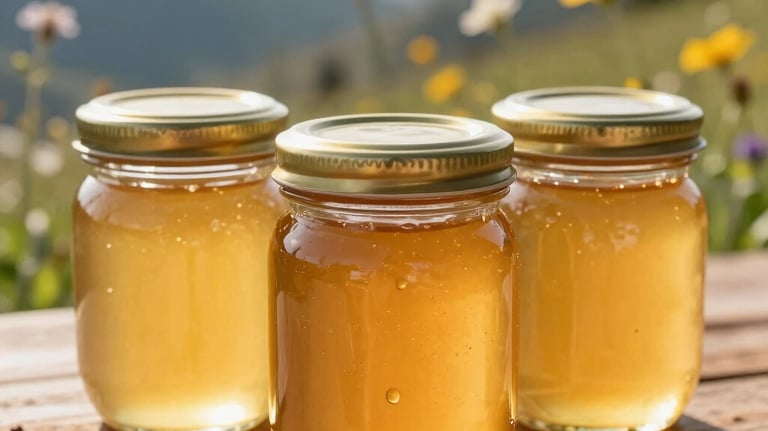 Close-up photography of three artisanal glass jars filled with pure, golden Albanian mountain wildflower honey, artfully arranged on a rustic wooden table. Bright natural light, resembling golden hour, illuminates the honey, highlighting its rich amber color and smooth texture. In the soft-focus background, hints of sunlit Southeastern European mountain wildflowers and a serene mountain landscape are visible, conveying an elegant, rustic, and handcrafted product aesthetic.