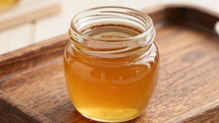 A 100ml small glass jar of honey on a rustic wooden tray, styled as a premium souvenir, with warm golden amber tones and bright natural lighting.