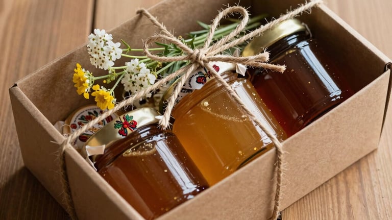 A beautifully presented gift box containing three jars of honey on a wooden surface, tied with natural twine and a wildflower sprig. Southeastern European / Albanian aesthetic.